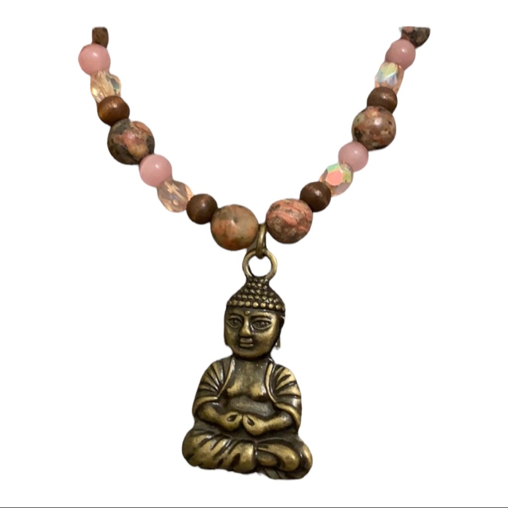 Handcrafted Pewter Buddha Rhodonite Necklace Set